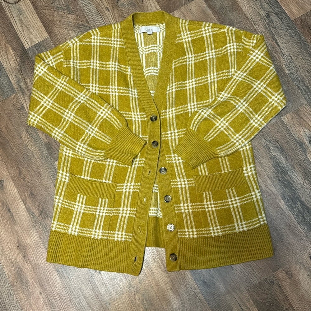 Chartreuse Plaid LOFT Cardigan L